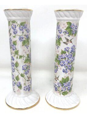 Hummingbirds Purple Flowers Pr Candlestick Holder Ceramic 6.25" 2003 CCM VTG BS4